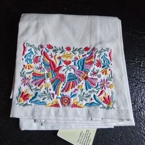 Beautiful White Tea Towel Embroidered Colorful Birds And Flowers